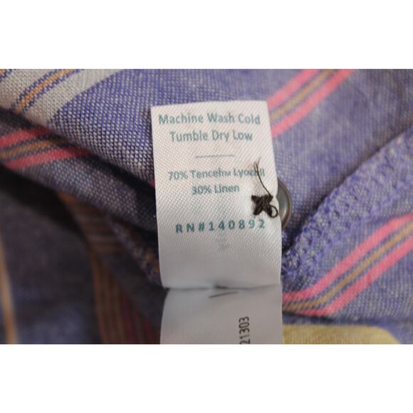 Marine Layer Top Womens L Linen Blend Short Sleeve Striped Button Up Cap Sleeve - Picture 6 of 9